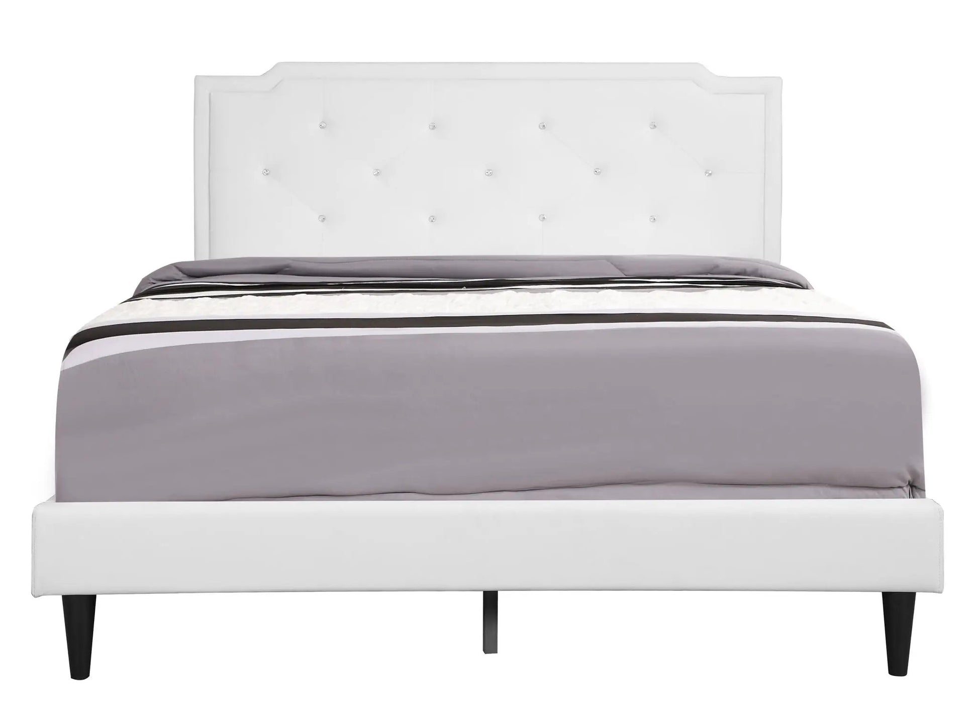 Button tufted upholstered bed in white with crystal buttons and black legs on Tampa Home & Garden Store