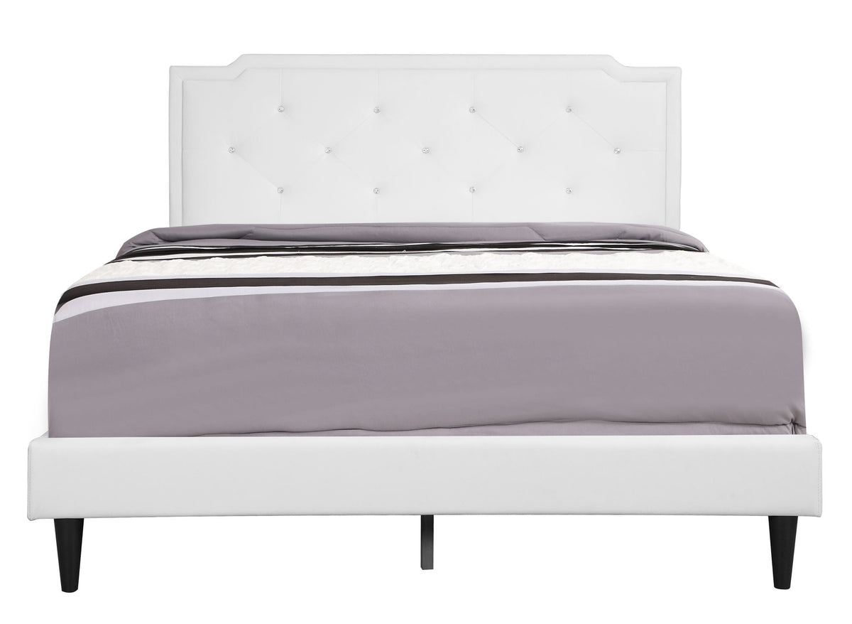 Button tufted bed by HouseOfZazla with white headboard and crystal buttons in gray bedding on Tampa Home & Garden Store