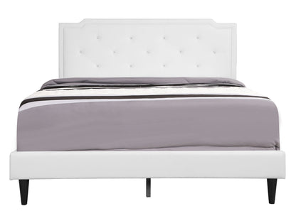 Button tufted bed by HouseOfZazla with white headboard and crystal buttons in gray bedding on Tampa Home & Garden Store