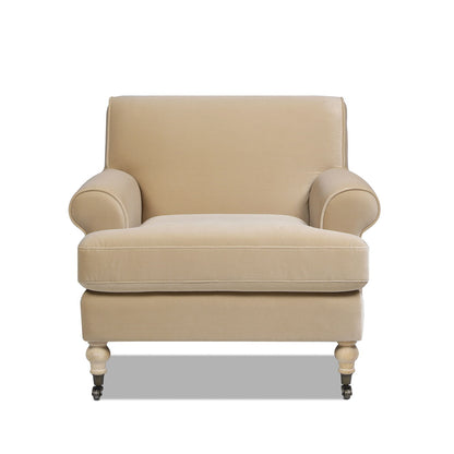 Accent arm chair by HouseOfZazla in beige leather with casters, rolled arms, reversible cushion on Tampa Home & Garden Store