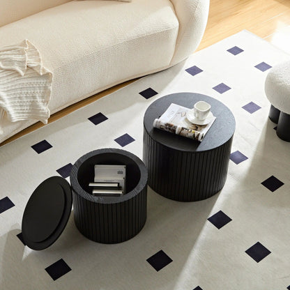Two black round nesting tables with grooved sides, 2-piece set on Tampa Home & Garden Store