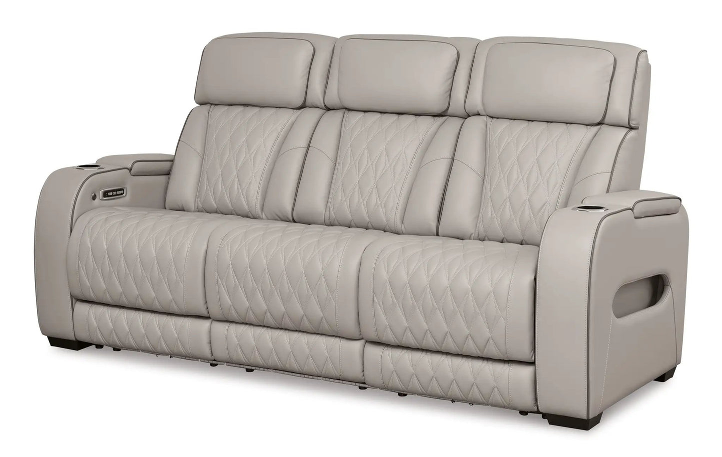 Boyington power reclining sofa with adj headrests in light gray leather, diamond-stitched cushions on Tampa Home & Garden Store