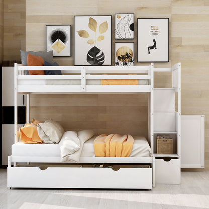 White bunk bed with convertible lower bed and built-in drawers and shelves, framed wall art above on Tampa Home & Garden Store