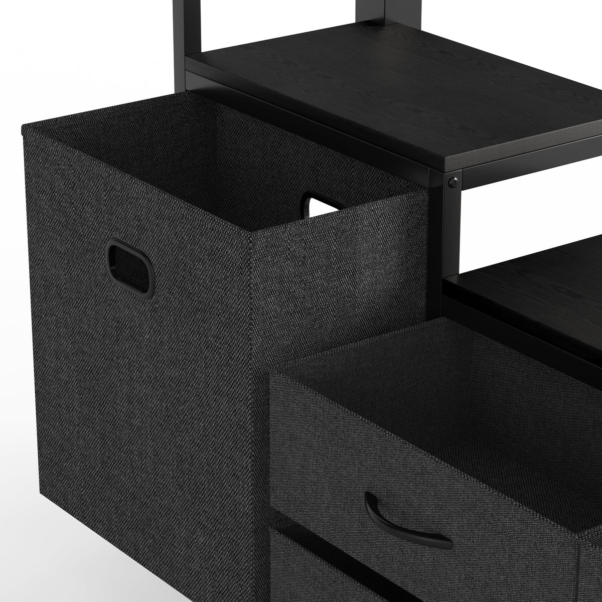 Queen Size Loft Bed with Desk & Shelves in black finish with fabric storage bin on Tampa Home & Garden Store