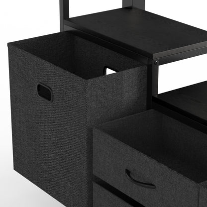 Queen Size Loft Bed with Desk & Shelves in black finish with fabric storage bin on Tampa Home & Garden Store