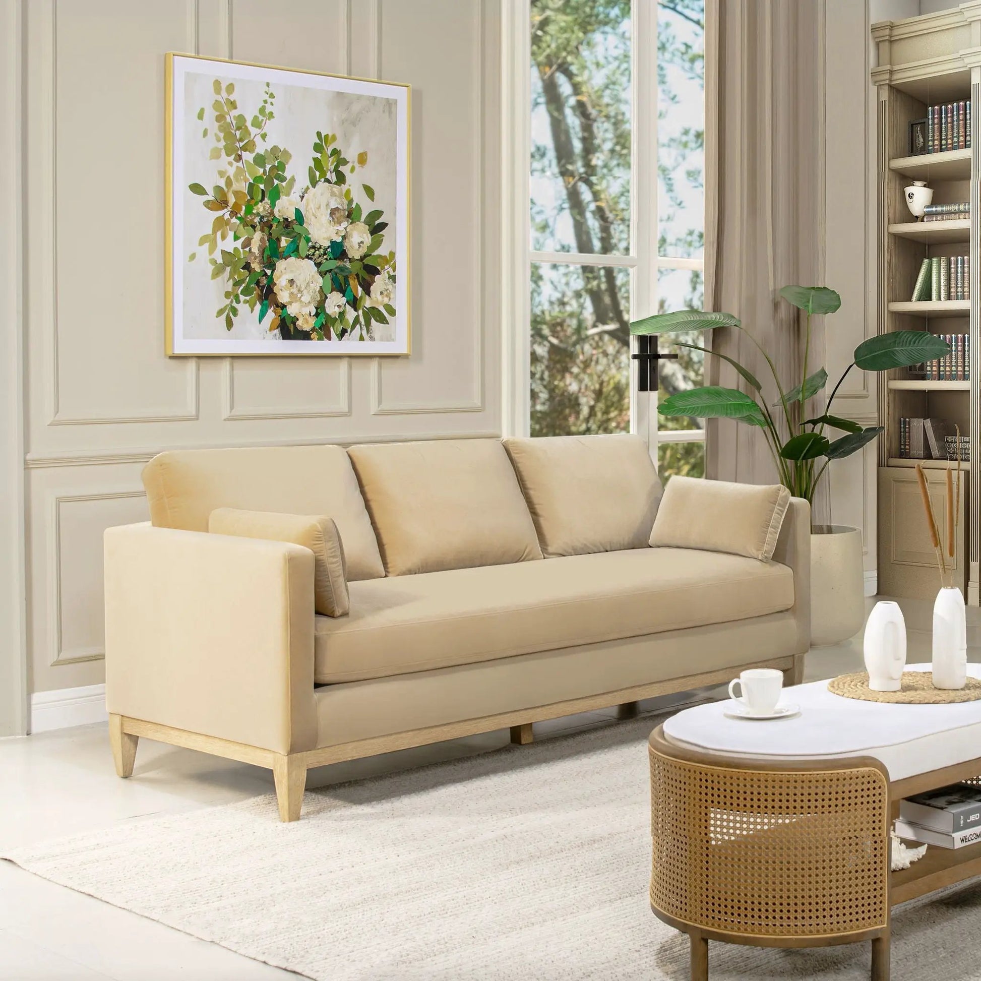 Knox Modern Farmhouse Sofa, beige fabric stationary sofa with light wood legs on Tampa Home & Garden Store