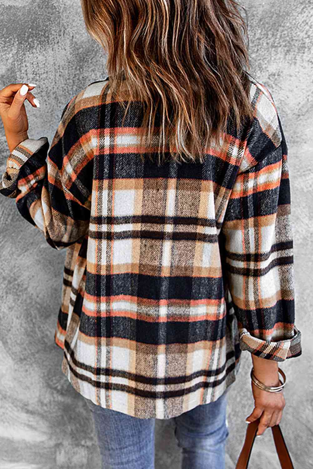 Classic plaid button front shirt jacket by Stevvex, back view in warm beige, black and rust on Tampa Home & Garden Store