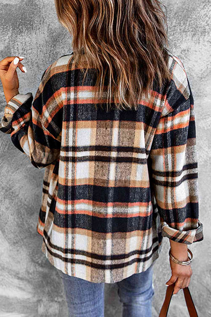 Classic plaid button front shirt jacket by Stevvex, back view in warm beige, black and rust on Tampa Home & Garden Store