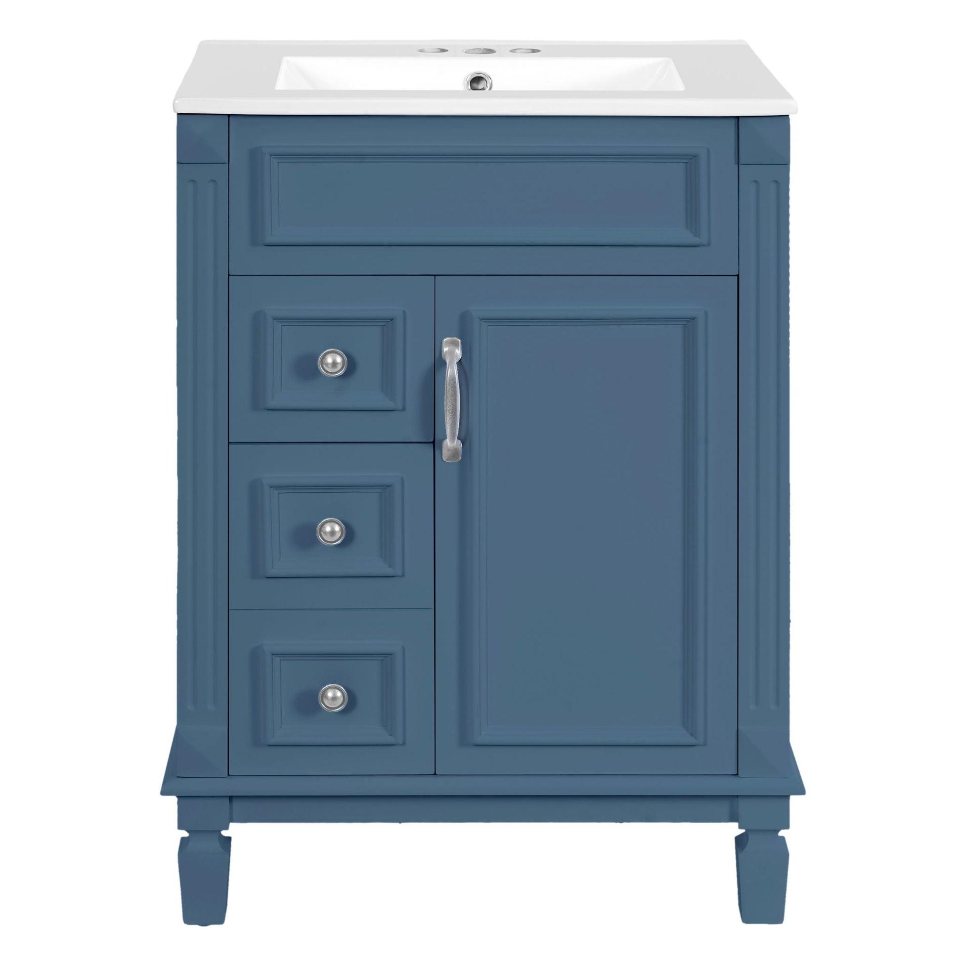 Bathroom vanity with sink, blue compact cabinet and white countertop, two drawers on Tampa Home & Garden Store