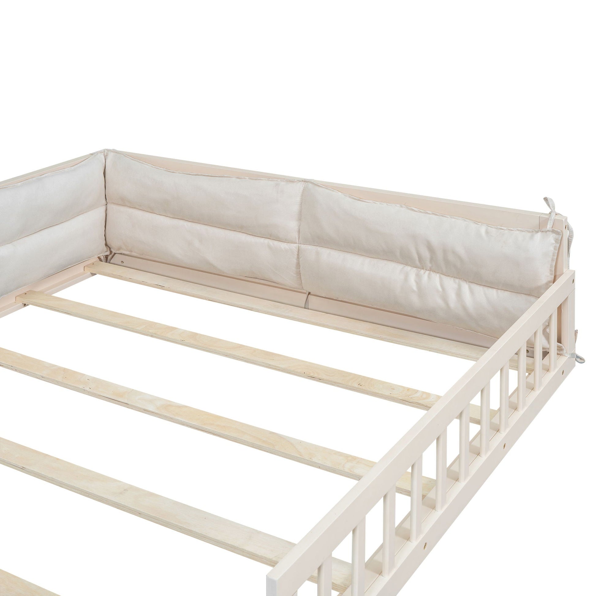 Upholstered platform bed with guardrail and pillow by HouseOfZazla, light wood frame on Tampa Home & Garden Store