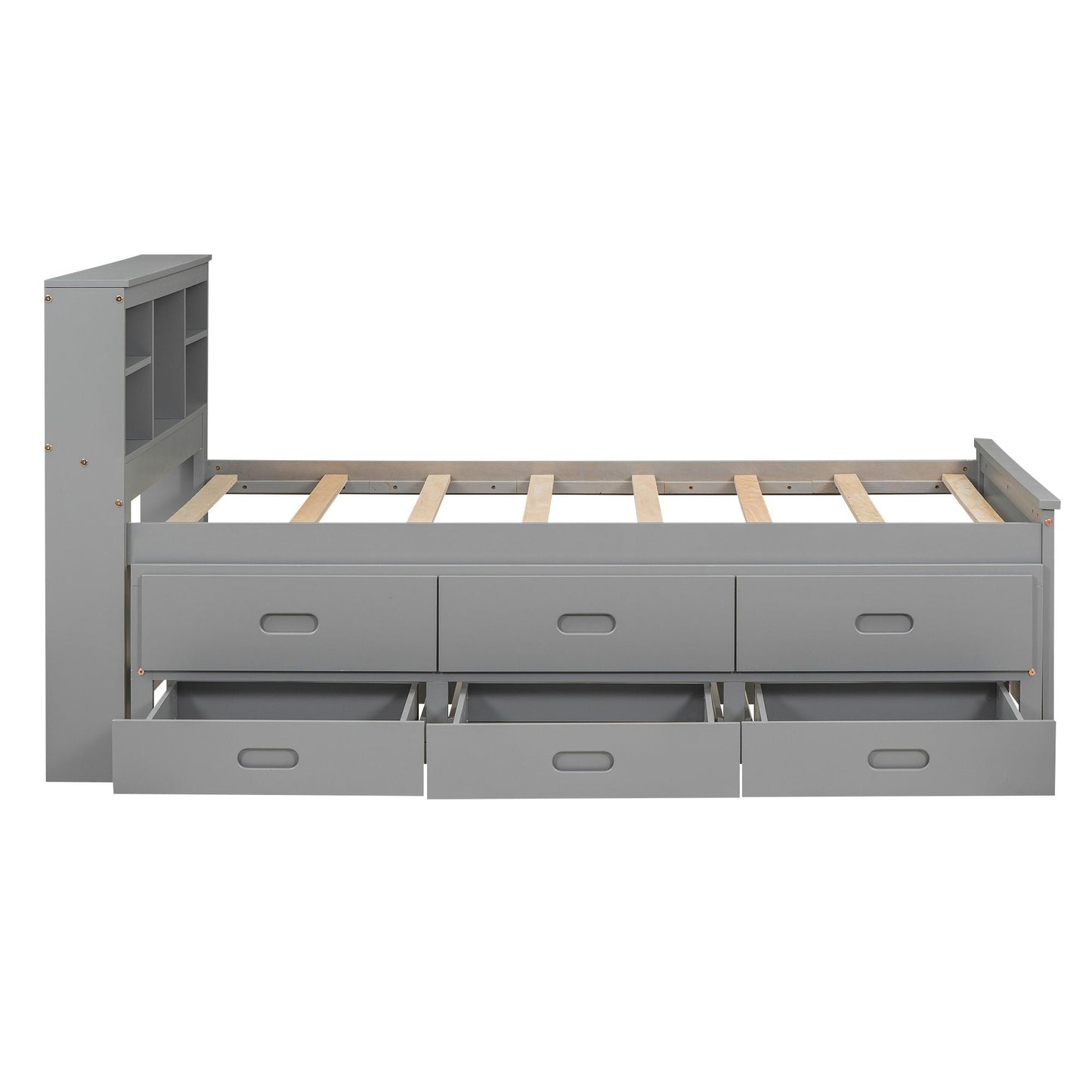 Platform bed with gray storage headboard featuring cubby shelves and 3 front drawers on Tampa Home & Garden Store