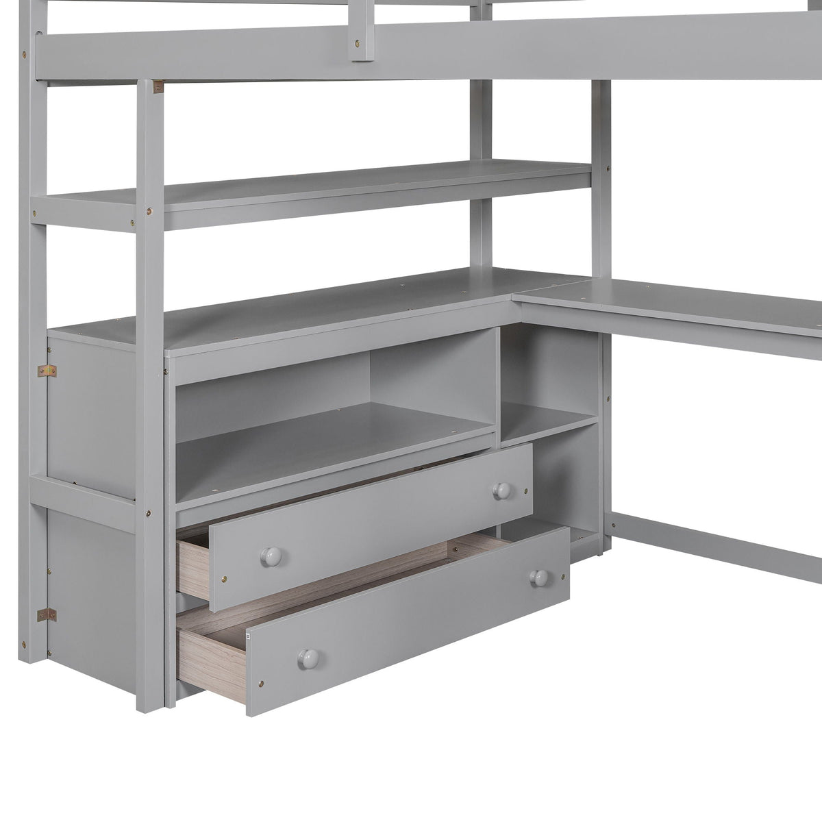 Loft bed with desk, shelves and two drawers in gray HouseOfZazla storage staircase on Tampa Home & Garden Store