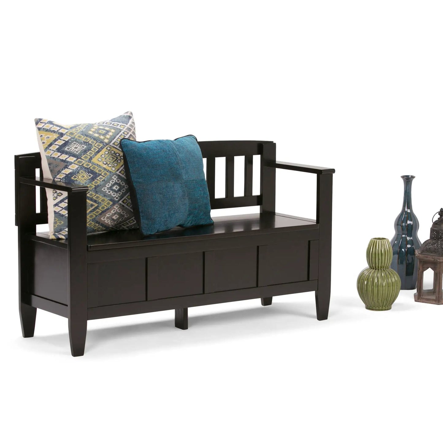 Brooklyn Handcrafted Entryway Storage Bench in black wood with blue cushion and patterned throw pillow by Unique Piece Furniture on Tampa Home & Garden Store