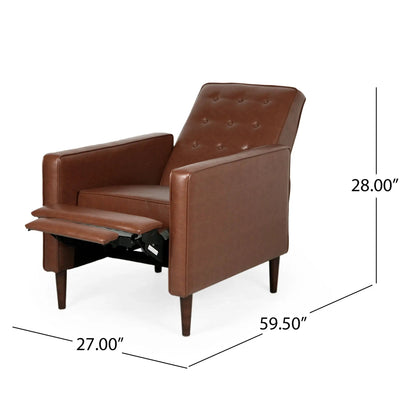 Mid-Century Modern Recliner in brown leather with button tufting and footrest on Tampa Home & Garden Store