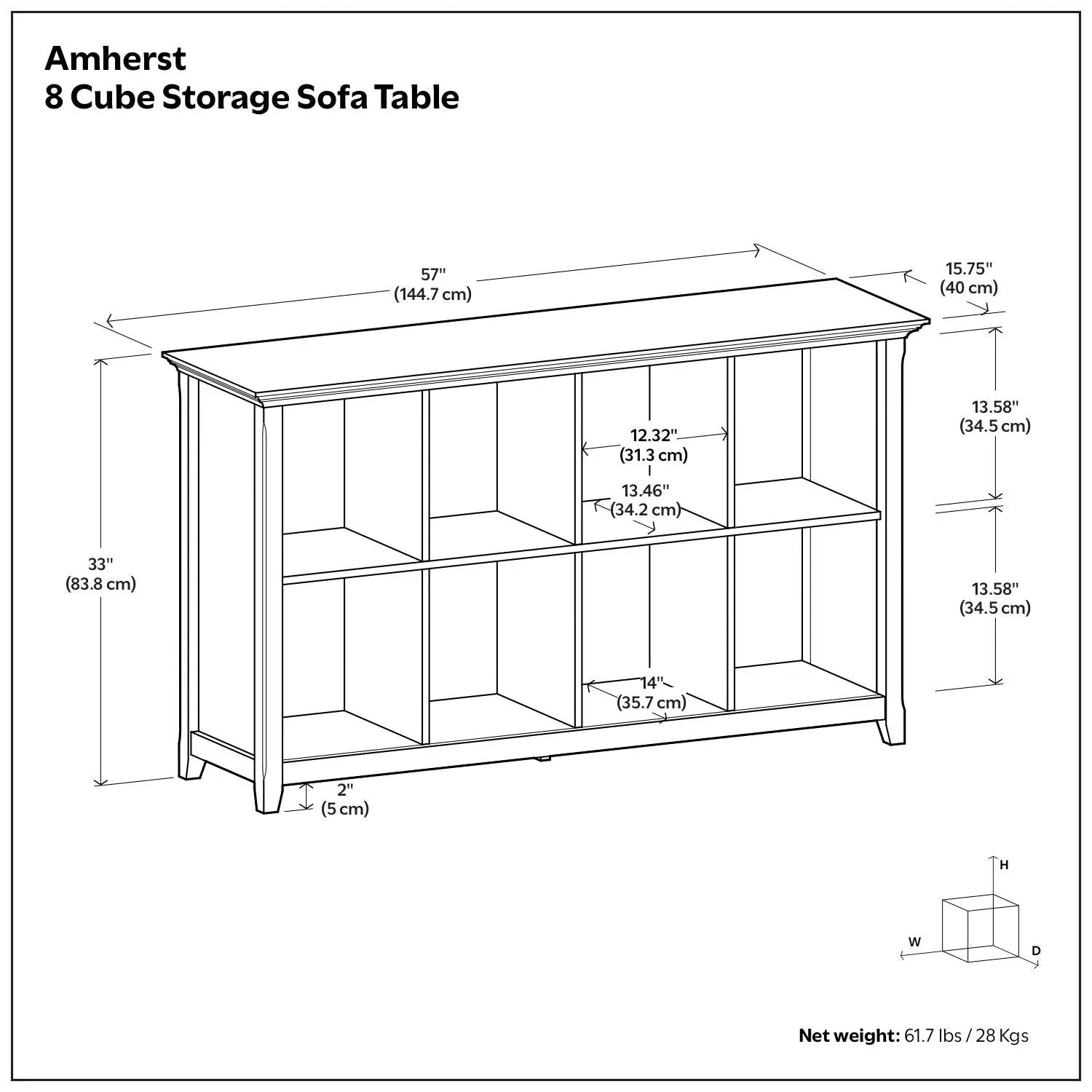 Amherst cube storage bookcase line drawing showing 8 cubby compartments by Unique Piece Furniture on Tampa Home & Garden Store