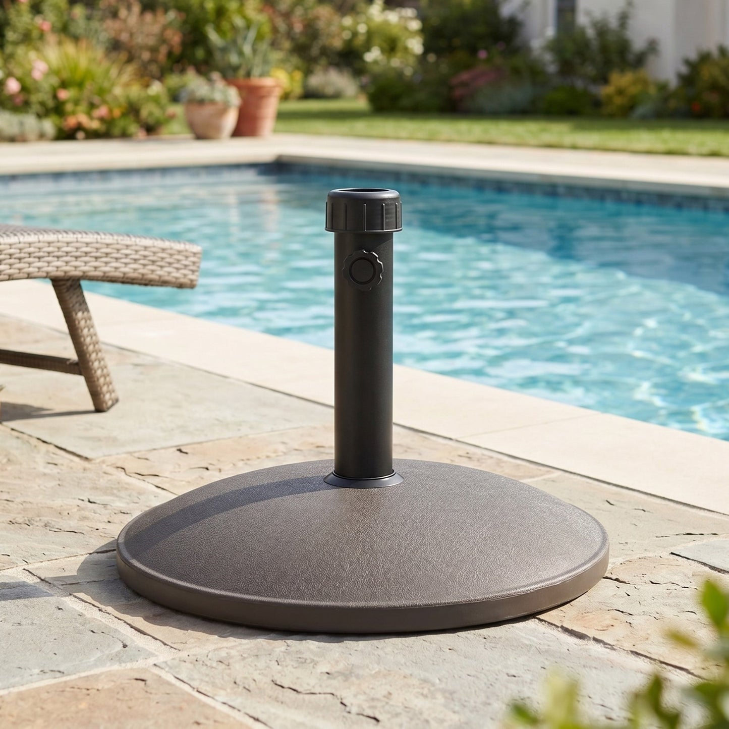 Brown Round Outdoor Umbrella Base and Concrete