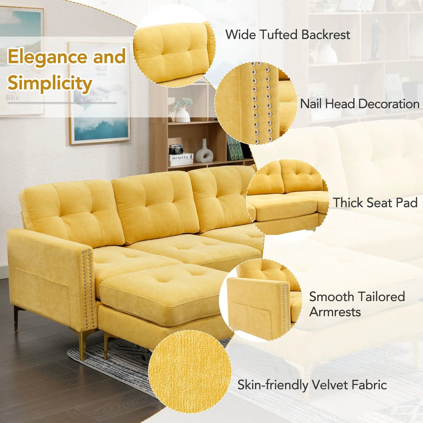 Modern L-Shape Convertible Sectional Sofa with Movable Ottoman in Yellow Velvet on Tampa Home & Garden Store