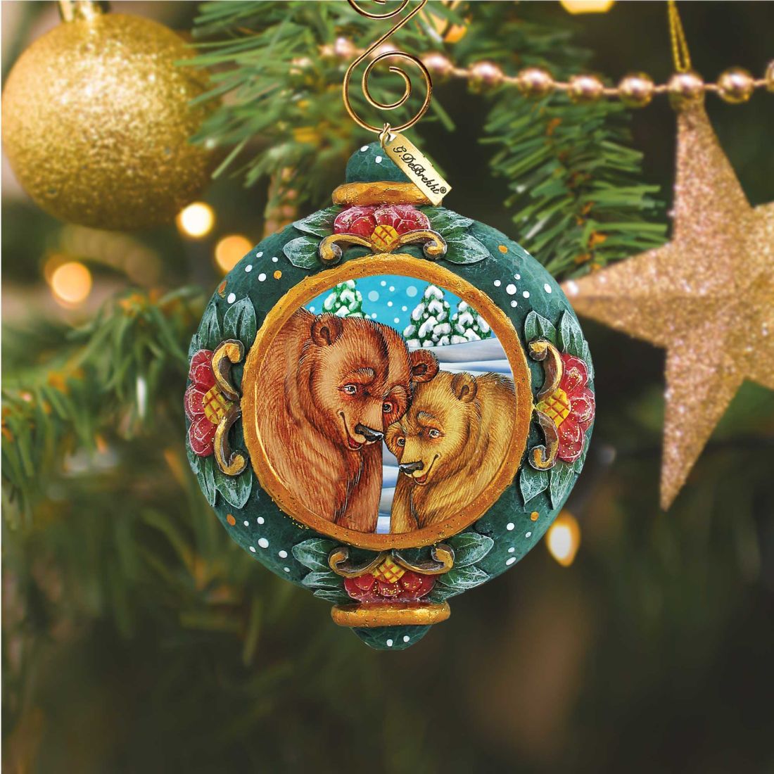 Grizzly Bear ornament by G.DeBrekht; sculpted green ball with gold trim and bear scene on Tampa Home & Garden Store