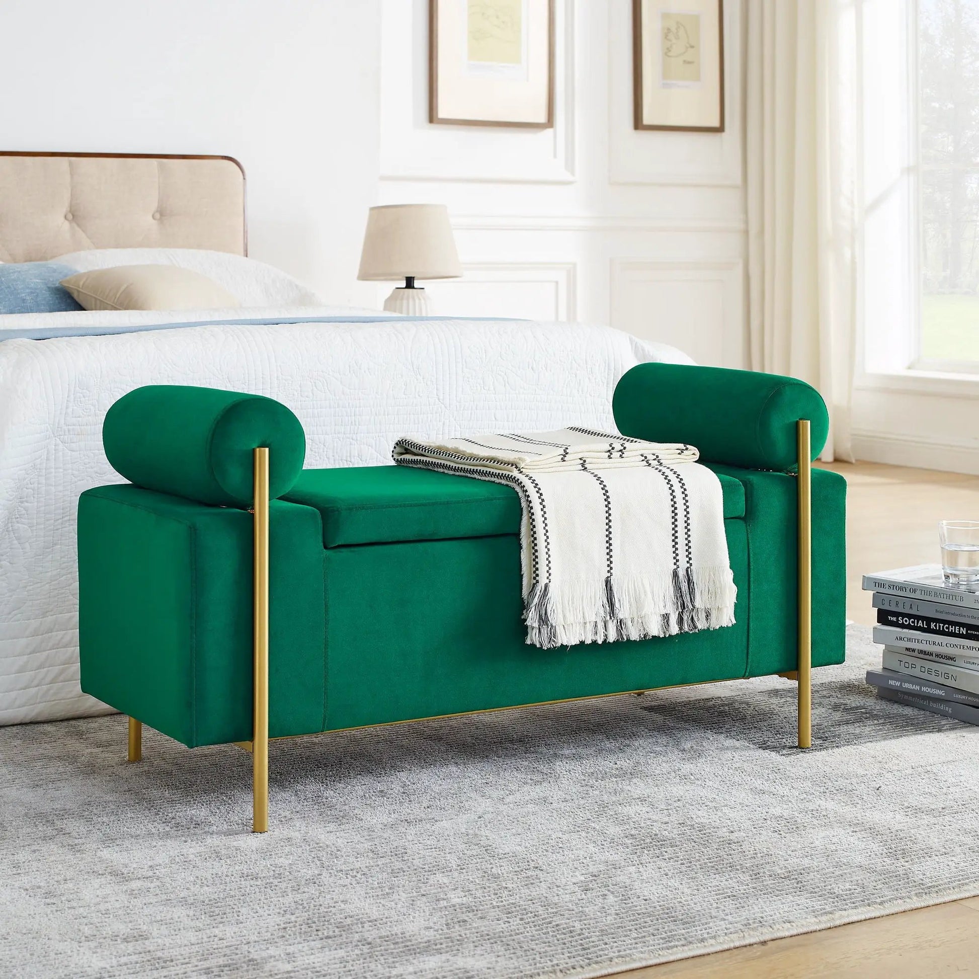 Elegant green velvet upholstered storage bench with cylindrical arms and iron legs on Tampa Home & Garden Store