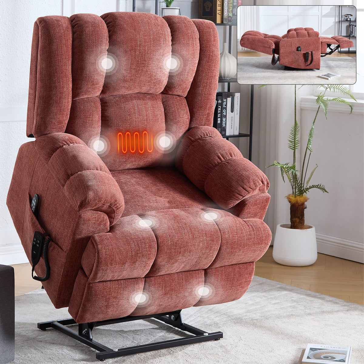 Dual motor heat massage electric power lift recliner in red textured fabric with remote on Tampa Home & Garden Store