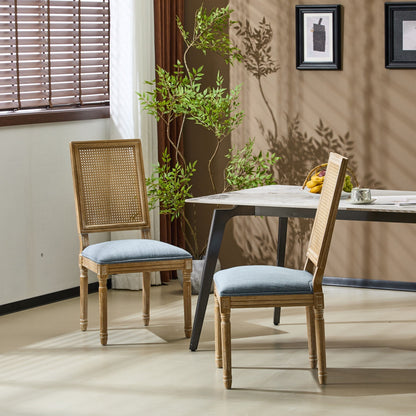 French Country dining chair with rectangular cane back and light blue upholstered seating on Tampa Home & Garden Store