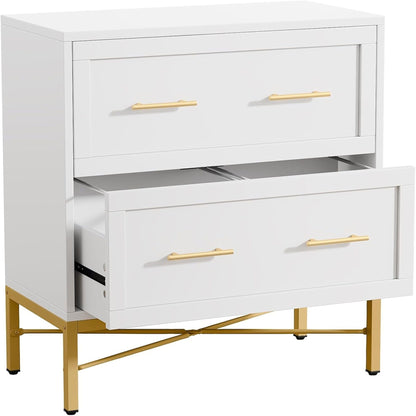 White 2-drawer lateral filing cabinet with anti-tilt safety and gold handles on a gold stand on Tampa Home & Garden Store