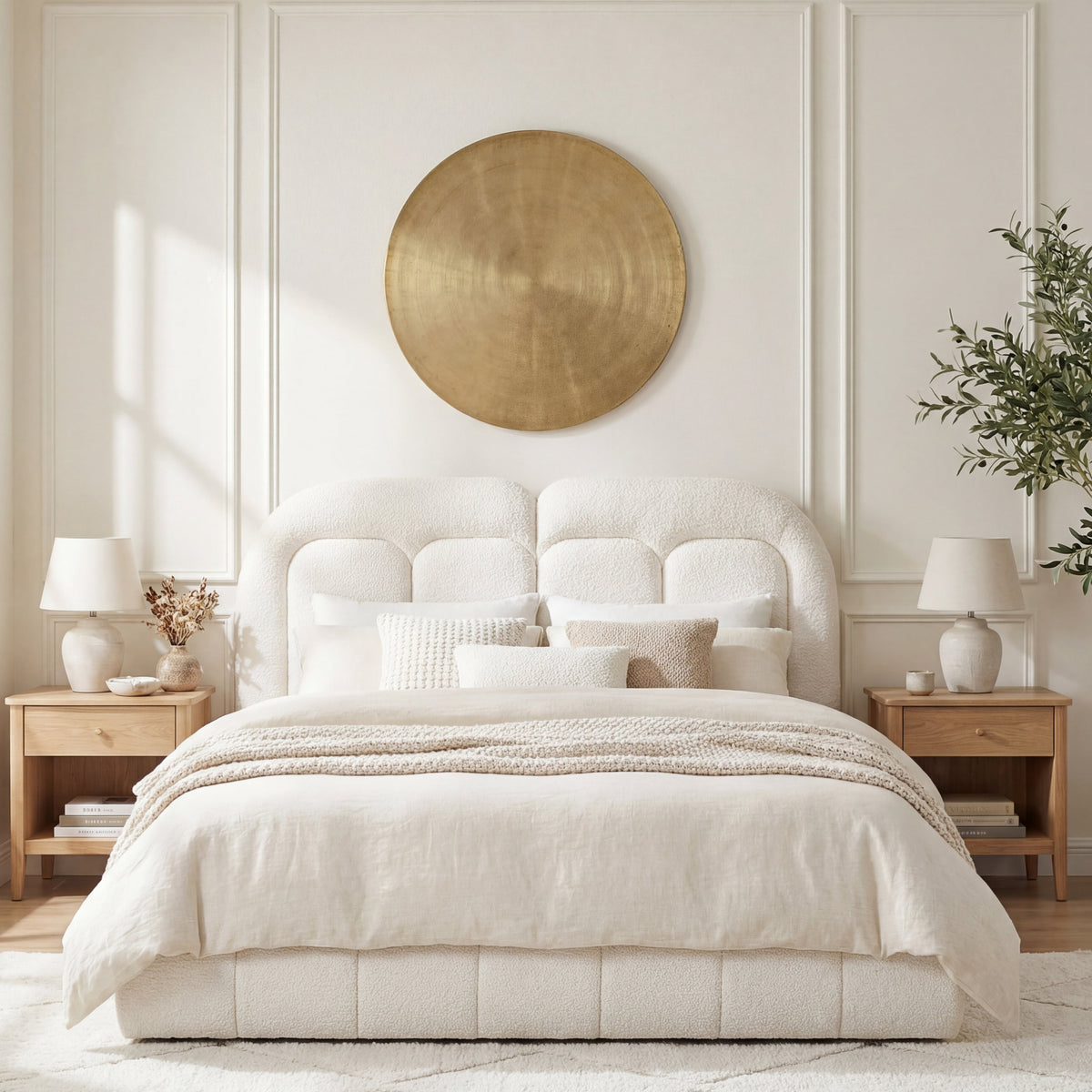 Queen size boucle upholstered bed with tufted headboard by HouseOfZazla with two nightstands on Tampa Home & Garden Store