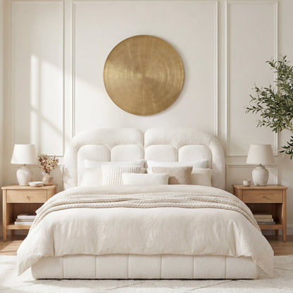 Queen size boucle upholstered bed with tufted headboard by HouseOfZazla with two nightstands on Tampa Home & Garden Store