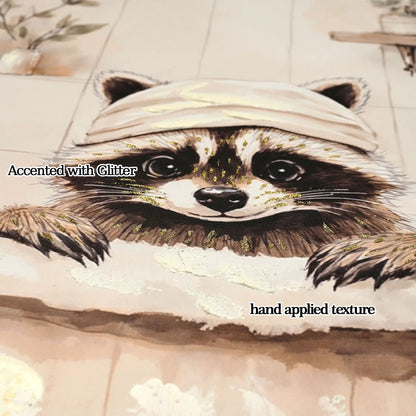 Raccoon Bathroom Canvas Wall Art Ivory Framed
