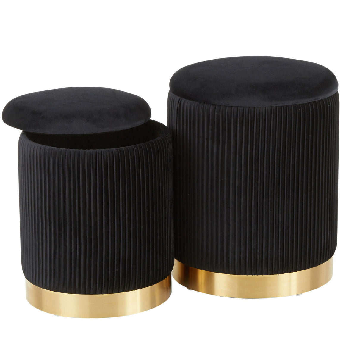 Contemporary nesting pleated ottomans in black velvet with gold bases set of 2 on Tampa Home & Garden Store