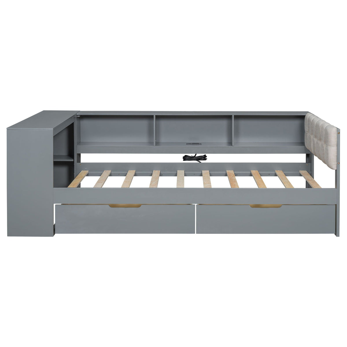 Upholstered headboard platform bed with storage shelves, drawers, charging station in gray on Tampa Home & Garden Store