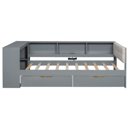 Upholstered headboard platform bed with storage shelves, drawers, charging station in gray on Tampa Home & Garden Store