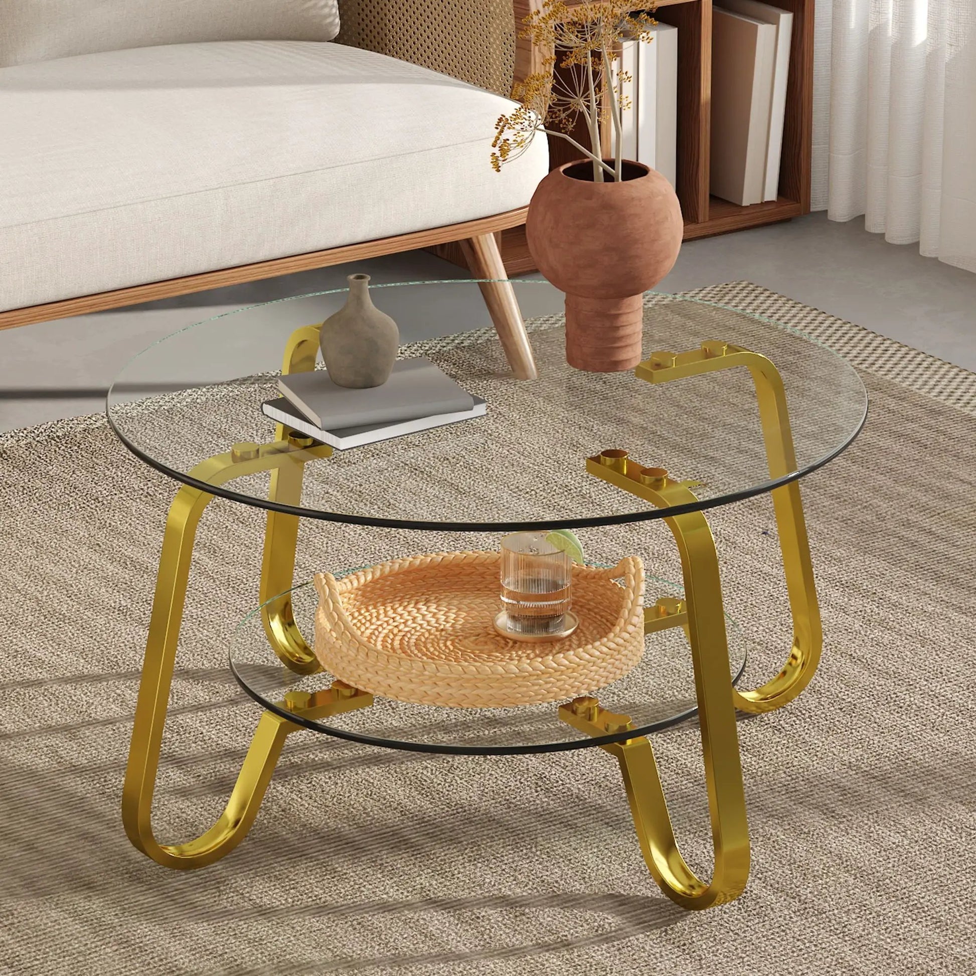Double Layer Coffee Table two-tier round glass table with gold metal legs on Tampa Home & Garden Store