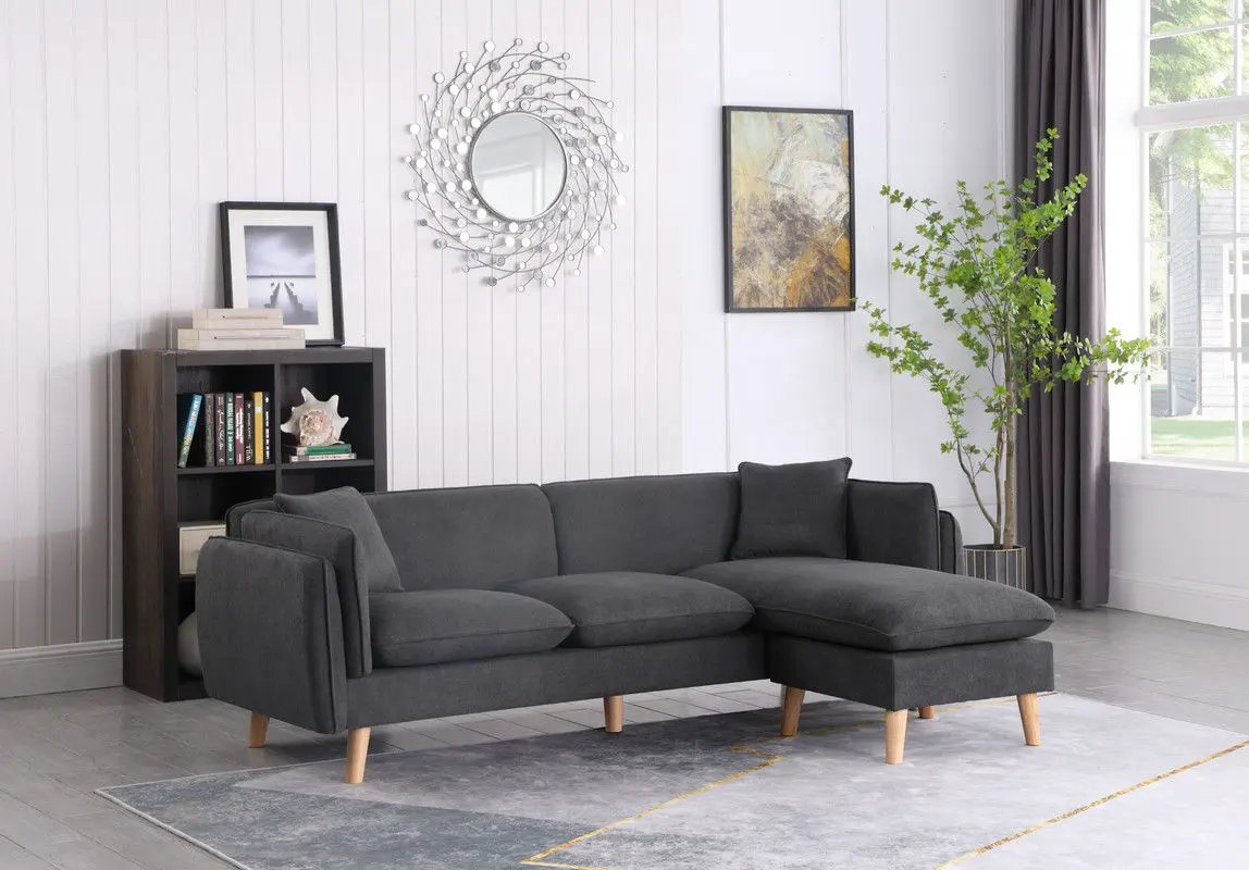 Brayden fabric sectional sofa chaise, charcoal gray with wood legs, stationary by Unique Piece on Tampa Home & Garden Store