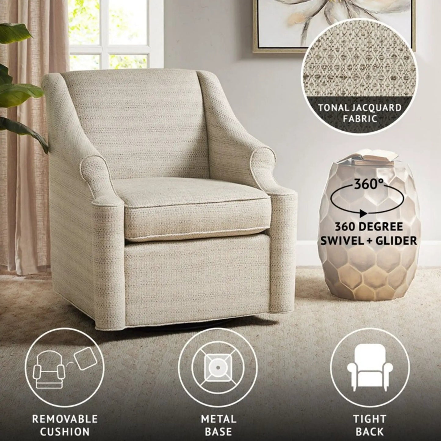 Justin Swivel Glider Chair Tan tonal jacquard fabric, 360° rotation by Unique Piece Furniture on Tampa Home & Garden Store