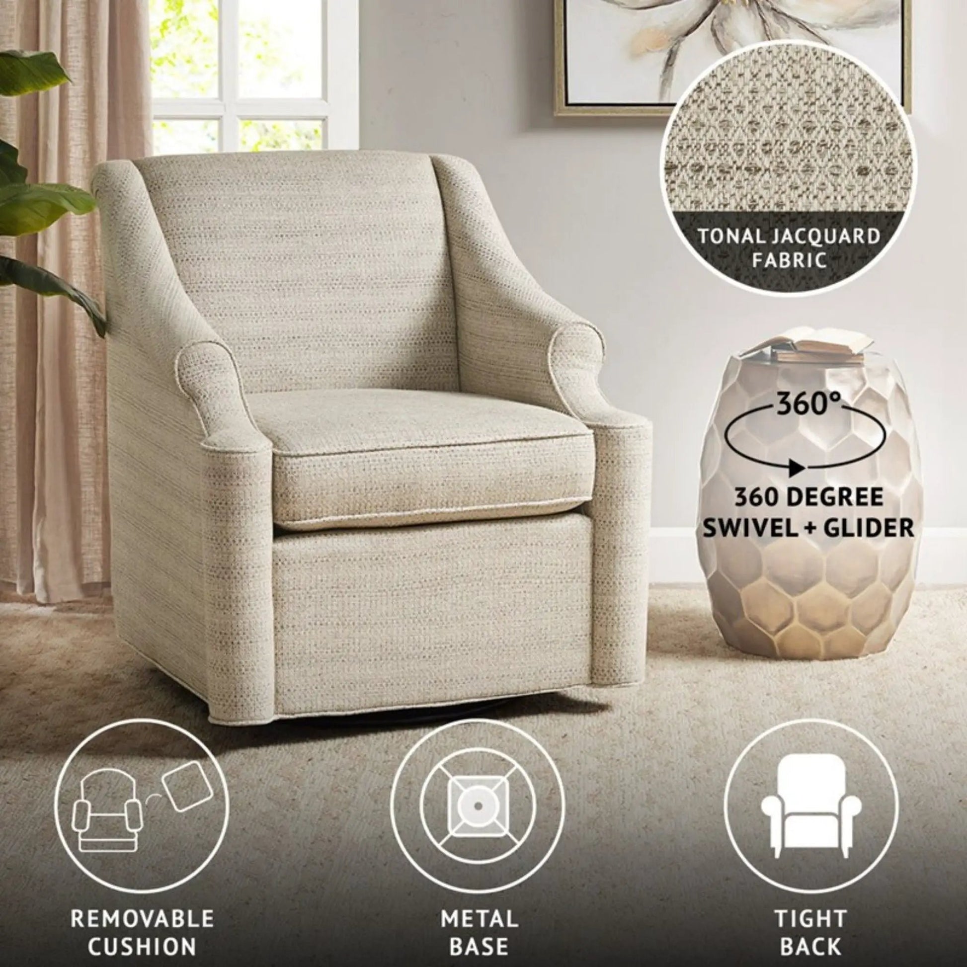Justin Swivel Glider Chair Tan tonal jacquard fabric, 360° rotation by Unique Piece Furniture on Tampa Home & Garden Store
