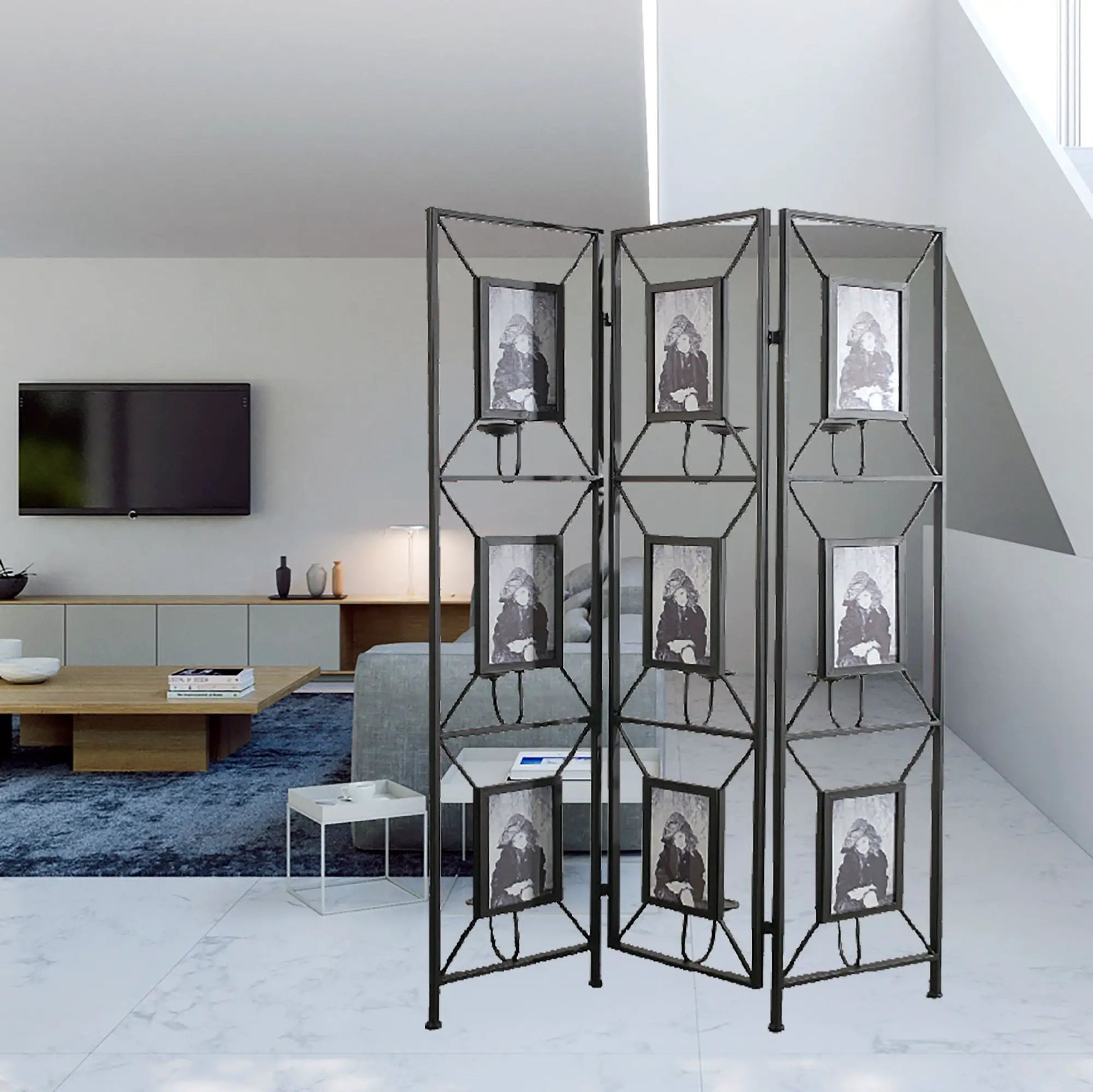 Three-panel black metal room divider with grayscale photo frames by Unique Piece Furniture on Tampa Home & Garden Store
