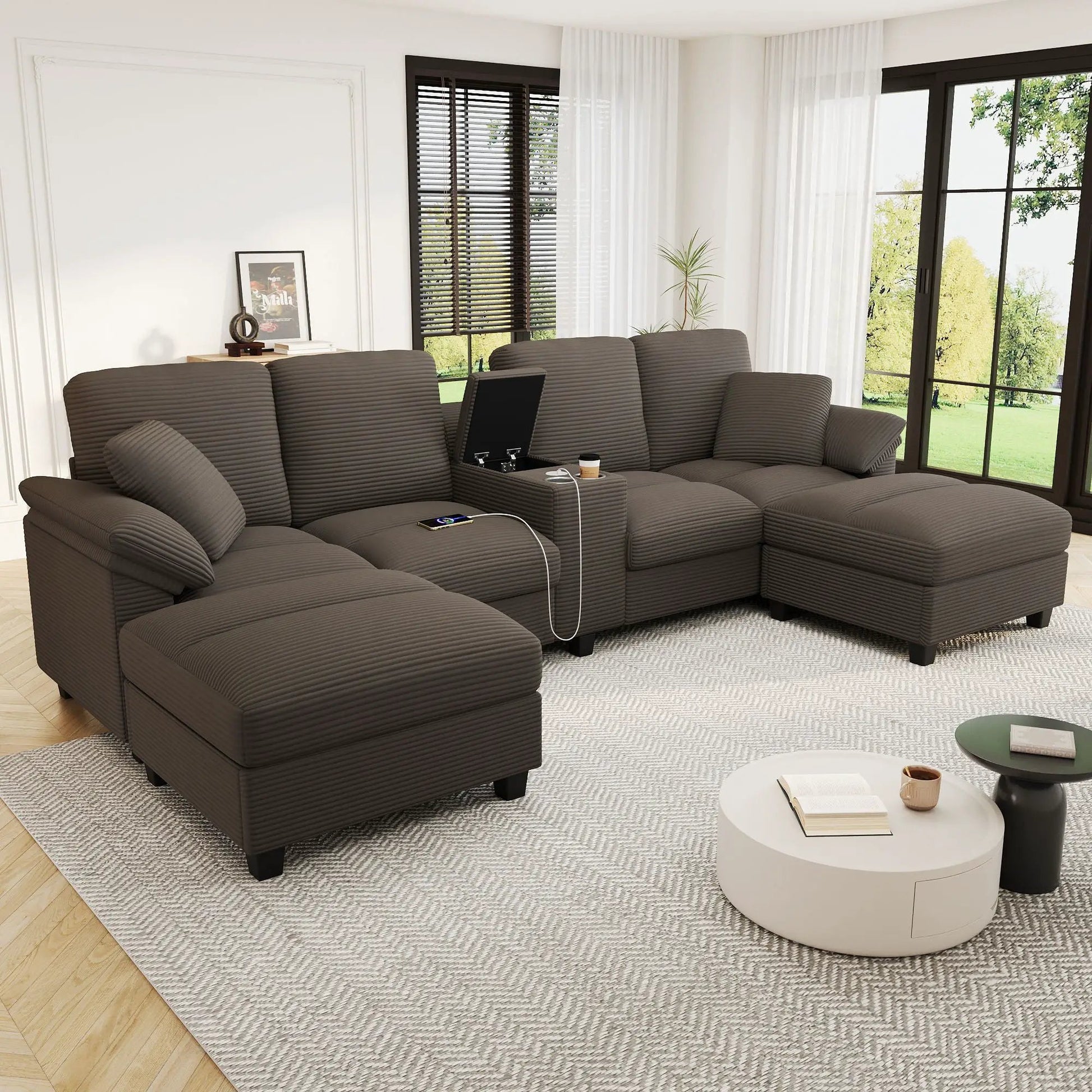 Modern U-Shaped sectional with storage ottomans in brown ribbed fabric, 3-piece set on Tampa Home & Garden Store