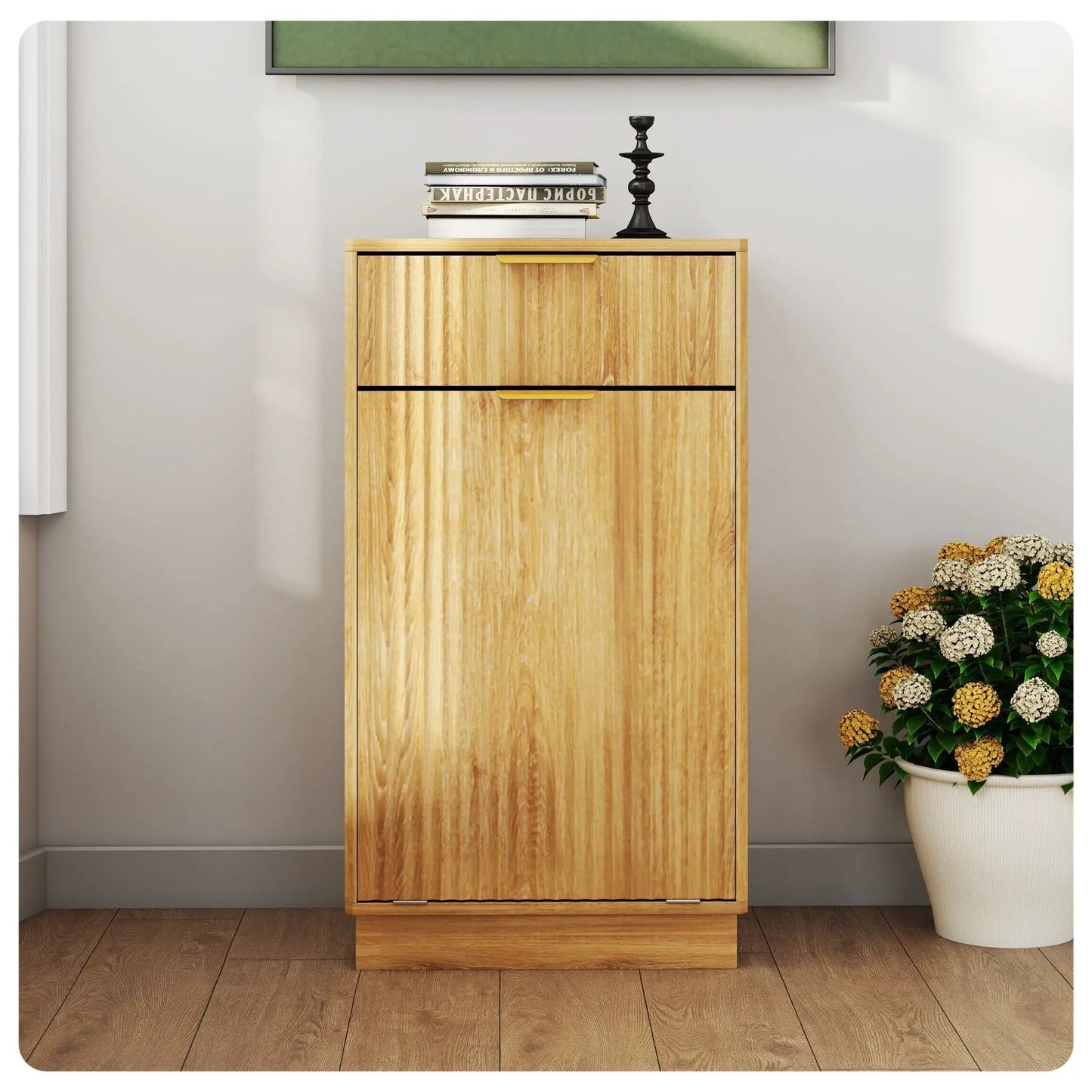 Tilt Out Trash Can Cabinet with Wave Textured Drawer & Pull Out Bin, natural oak finish on Tampa Home & Garden Store