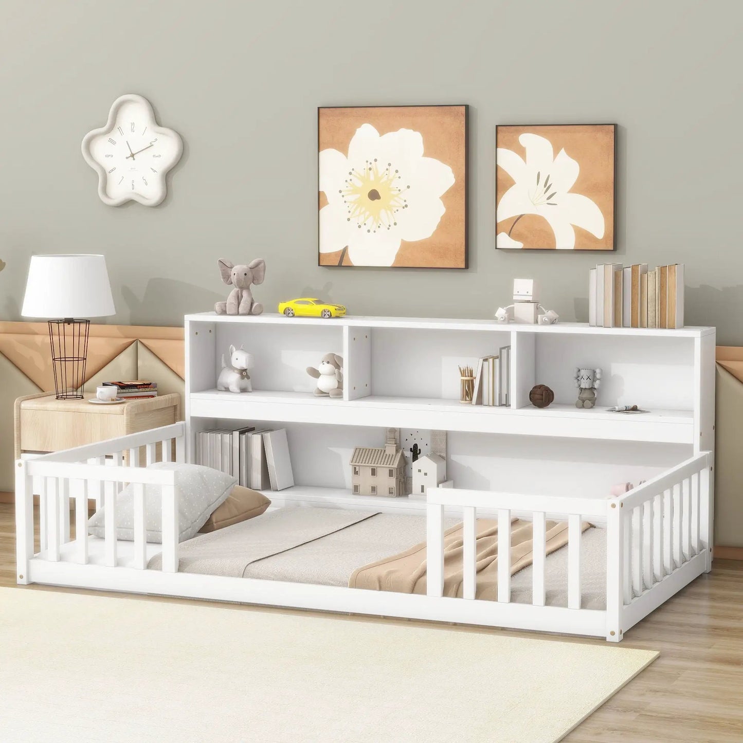 Floor Bed with Bedside Bookcase and Guardrails
