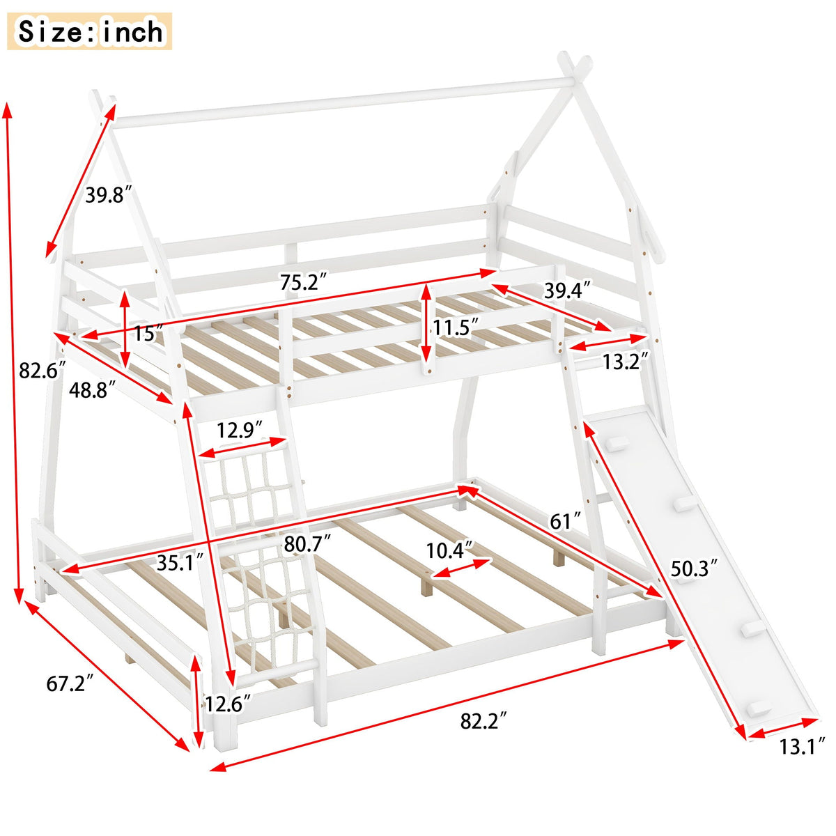 Twin over Queen bunk bed with climbing nets and ramp in white by HouseOfZazla on Tampa Home & Garden Store