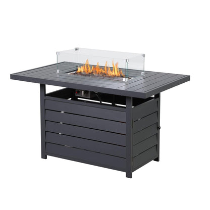 Rectangular propane fire pit table in black with glass windscreen and stainless burner on Tampa Home & Garden Store