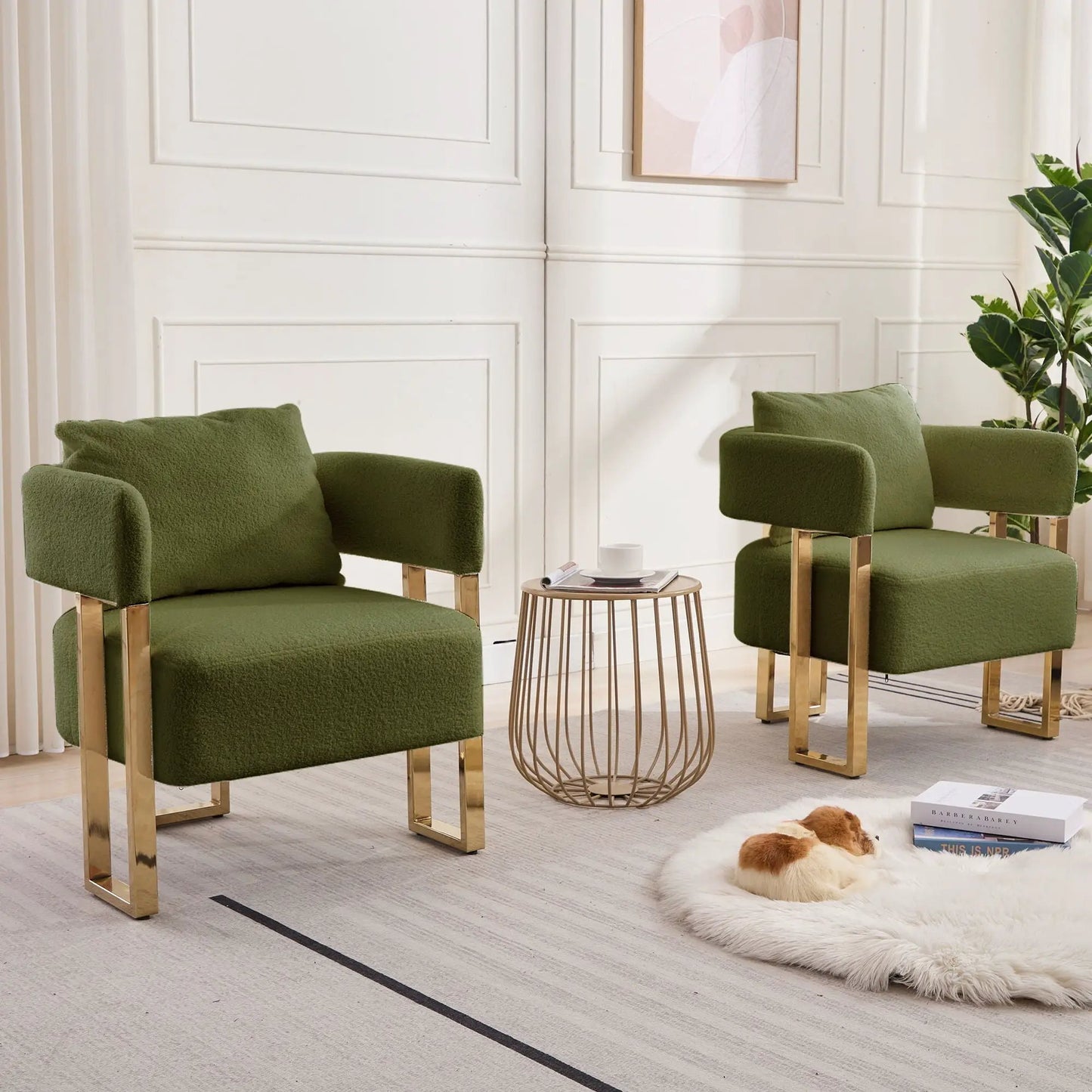 Pair of green teddy fleece upholstered armchairs with gold metal frames on Tampa Home & Garden Store