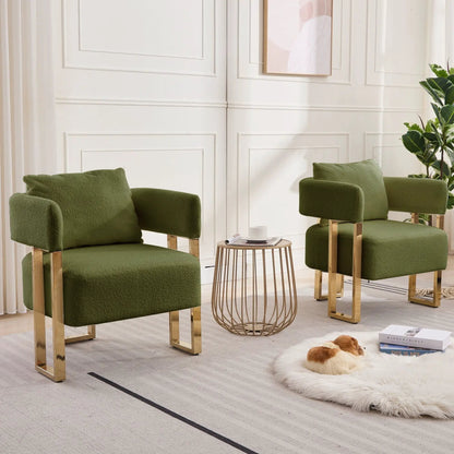 Pair of green teddy fleece upholstered armchairs with gold metal frames on Tampa Home & Garden Store