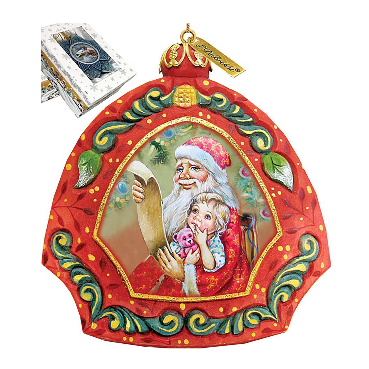 Santa List Sculpted Hand-Painted Ornament by G. DeBrekht, red ornate arch frame with gold trim and festive scene on Tampa Home & Garden Store