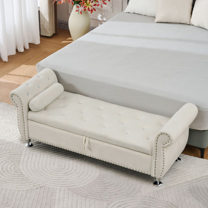 White storage bench with crystal button tufting and a cylindrical pillow for bedroom decor on Tampa Home & Garden Store