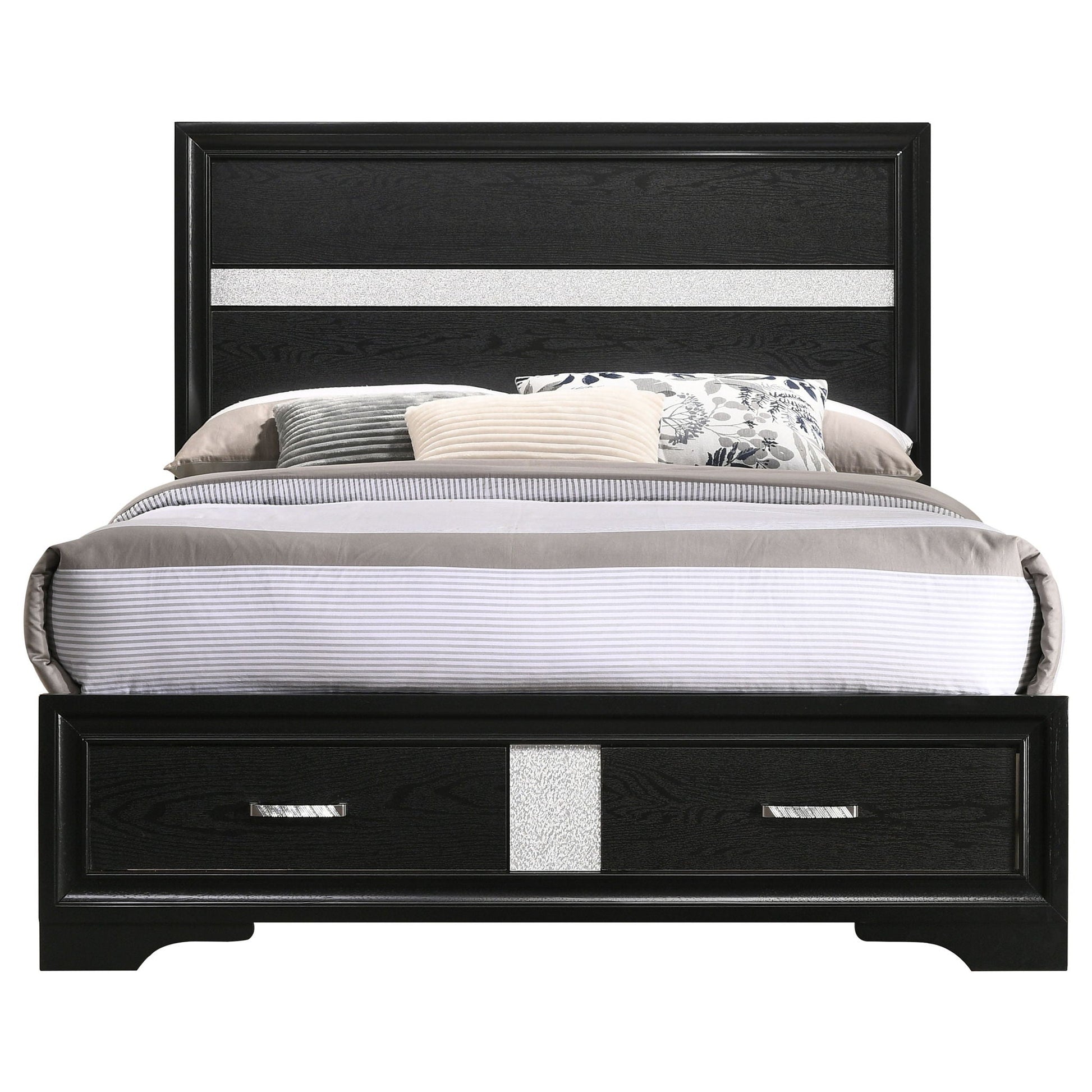 Urbana storage panel bed HouseOfZazla black wood with silver stripe and two storage drawers on Tampa Home & Garden Store