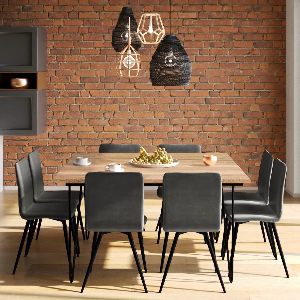 Hunter square tabletop dining table Unique Piece Furniture wood finish gray chairs brick dining on Tampa Home & Garden Store