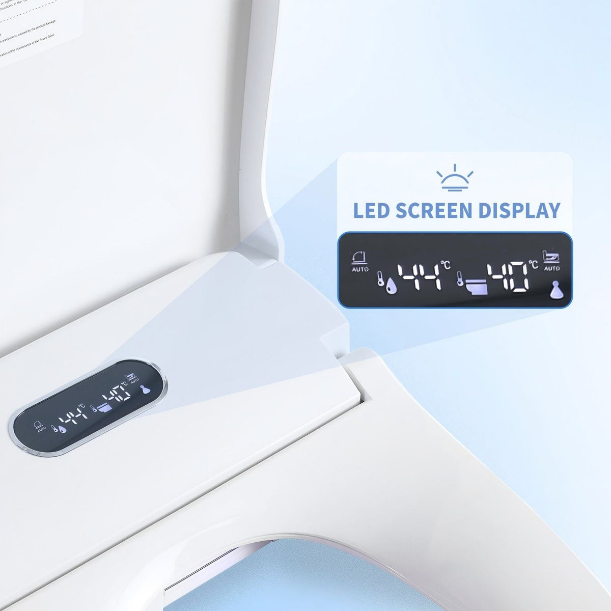 Smart bidet toilet seat with heated, adjustable controls, white finish LED display on Tampa Home & Garden Store