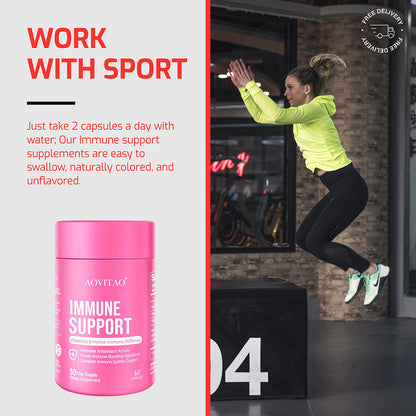 Pink Immune Support bottle with AOVITAO; immune defense vitamins beside gym athlete image on Tampa Home & Garden Store